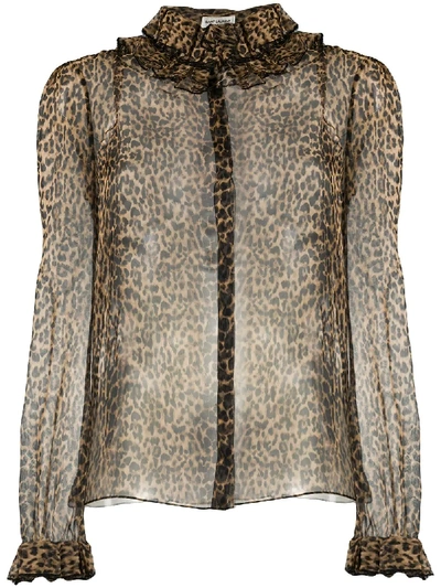 LEOPARD PRINT RUFFLE NECK SILK BLOUSE