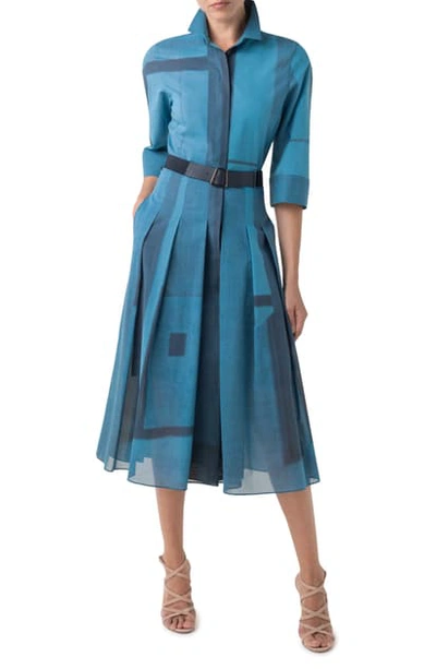 Shop Akris Window Print Pleated Cotton Voile Midi Shirtdress In Cyan