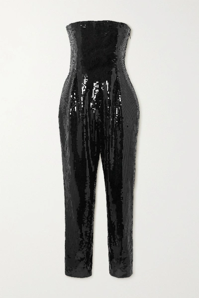 Shop Saint Laurent Strapless Sequined Crepe Jumpsuit In Black