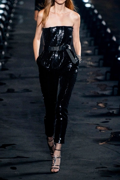 Shop Saint Laurent Strapless Sequined Crepe Jumpsuit In Black