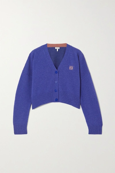 Shop Loewe Cropped Embroidered Wool Cardigan In Blue