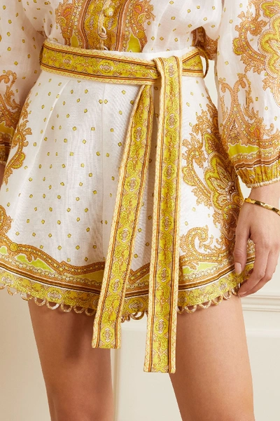 Shop Zimmermann Bells Belted Paisley-printed Linen Shorts In Ivory