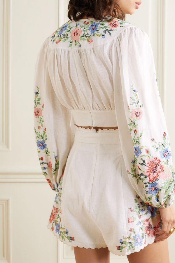 Zimmermann Juliette Cropped Tie-front Embroidered Linen ...