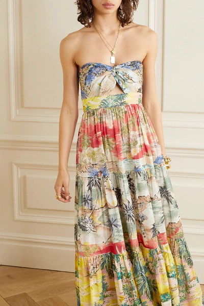 Shop Zimmermann Juliette Strapless Knotted Tiered Printed Linen Maxi Dress In Beige