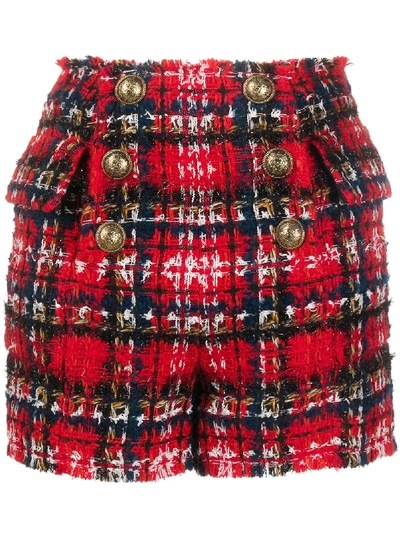 Shop Balmain Frayed Check Tweed Shorts In Red