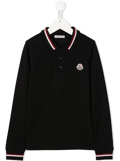 Shop Moncler Embroidered Logo Long-sleeve Polo In Blue