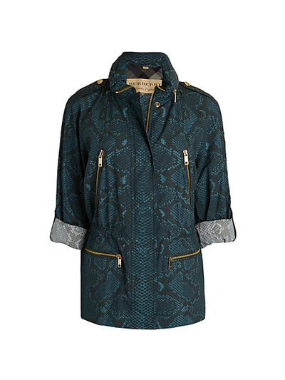 Shop Burberry Tanbridge Python-printed Coat In Mineral Blue