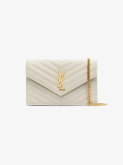 Shop Saint Laurent Envelope Leather Wallet On Chain In Beige