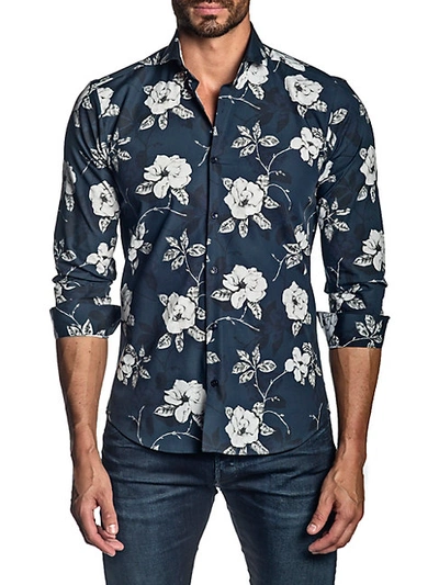 Shop Jared Lang Floral Cotton Button-down Shirt In Navy
