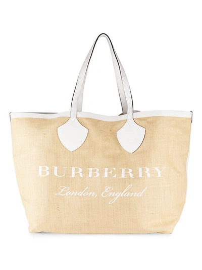 Shop Burberry Logo Jute Tote In Beige White