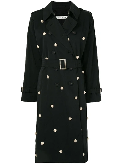 Shop Tu Es Mon Tresor Pearl Flower Trench Coat In 黑色