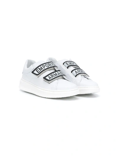 Shop Emporio Armani Logo Print Strap Sneakers In White