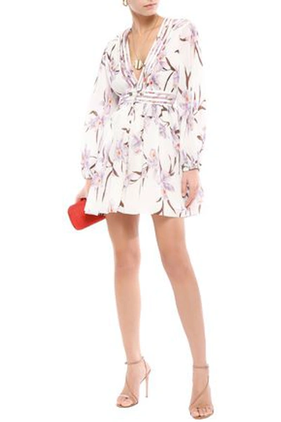 Shop Zimmermann Floral-print Plissé-chiffon Mini Dress In Ivory