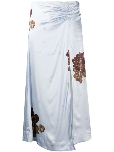 Shop Ganni Floral Print Ruched Detail Skirt In Blue