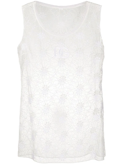 Shop Dolce & Gabbana Floral Embroidered Sheer Sleeveless Top In White