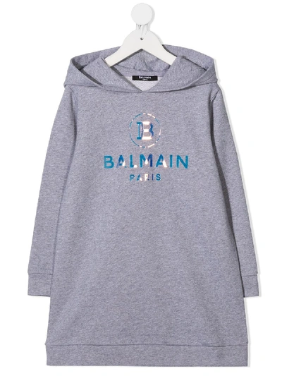 Shop Balmain Holographic Logo Hooded Dress In Grey