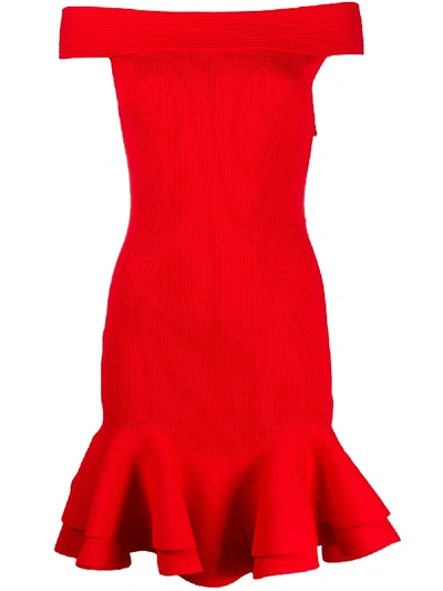 Shop Alexander Mcqueen Off-shoulder Knitted Dress In Red