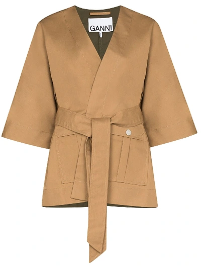 Shop Ganni Wrap-around V-neck Kimono Jacket In Brown