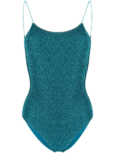 Shop Oseree Lumière Spaghetti-strap Glitter Swimsuit In Blue
