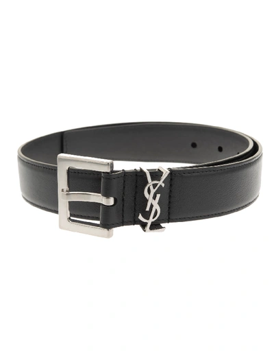 Shop Saint Laurent Monogram Woman Belt In Smooth Black Leather With Square Buckle