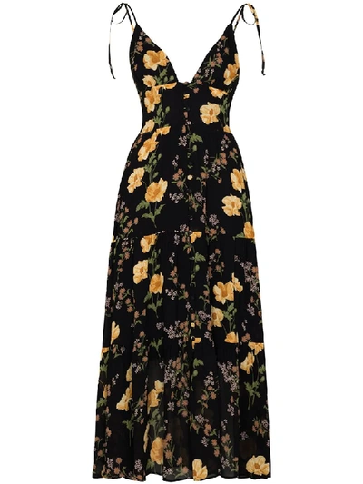 Shop Reformation Jaden Floral-print Midi Dress In Black