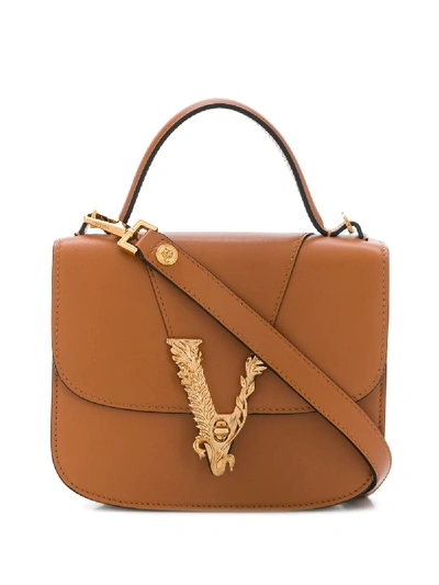 Shop Versace Virtus Flap Tote In Brown