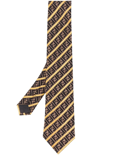 Shop Fendi Double F Striped Silk Tie In Brown
