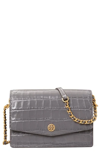 Shop Tory Burch Robinson Embossed Mini Leather Shoulder Bag In Zinc