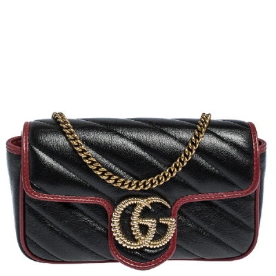 Pre-owned Gucci Black Diagonal Quilt Leather Mini Gg Marmont Torchon Shoulder Bag