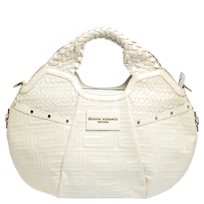 Pre-owned Versace Ivory Quilted And Woven Patent Leather Hobo In White