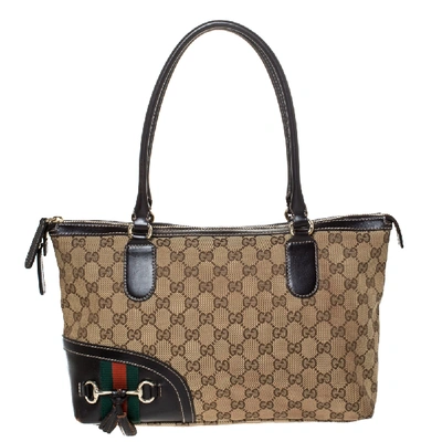 Pre-owned Gucci Beige/dark Brown Canvas And Leather Web Horsebit Tassel Tote