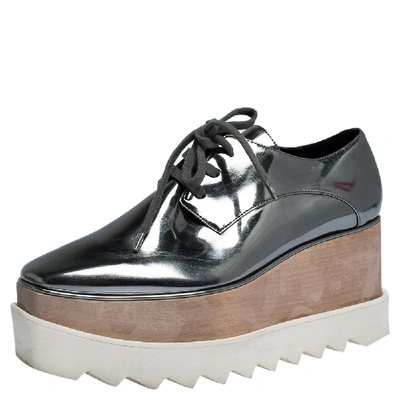 Pre-owned Stella Mccartney Metallic Silver Faux Leather Elyse Platform Low Top Sneakers Size 35.5