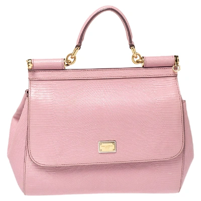 Pre-owned Dolce & Gabbana Pink Lizard Embossed Leather Medium Miss Sicily Top Handle Bag