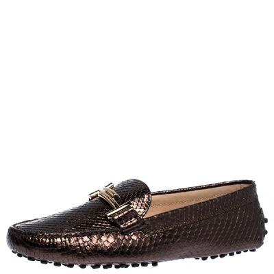 Pre-owned Tod's Metallic Brown Python Leather Double T Loafers Size 39