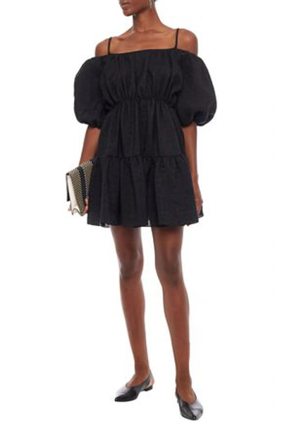 Shop Goen J Cold-shoulder Gathered Silk-blend Cloqué Mini Dress In Black