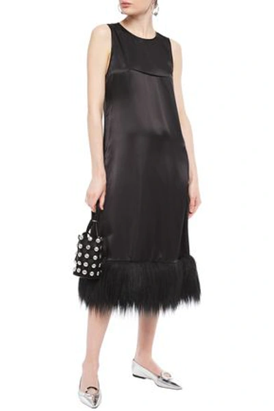 Shop Mm6 Maison Margiela Faux Fur-trimmed Satin Midi Dress In Black