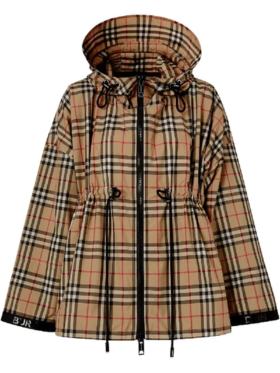 Shop Burberry Logo Tape Vintage Check Hooded Jacket In Neutrals