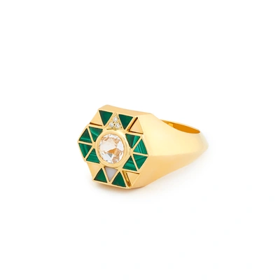 Shop Harwell Godfrey Elements Stone Inlay Pinky Ring In Yellow Gold / Malachite / Rock Crystal