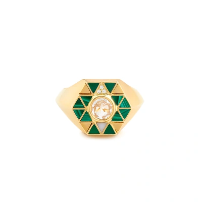 Shop Harwell Godfrey Elements Stone Inlay Pinky Ring In Yellow Gold / Malachite / Rock Crystal