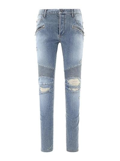 Shop Balmain Ripped Jeans In Light Blue