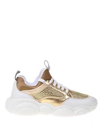 Shop Moschino Teddy Fabric And Leather Sneakers In Gold