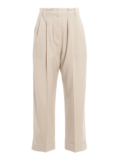 Shop Brunello Cucinelli Wool Crop Trousers With Darts In Light Beige