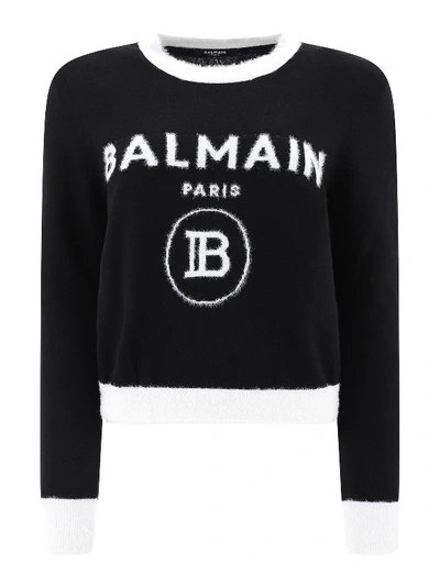 Shop Balmain Fuzzy Logo Cropped Sweater In Black