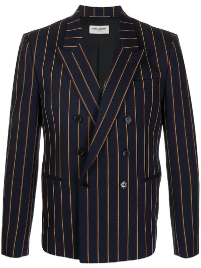 Shop Saint Laurent Striped Double-breasted Blazer In Blue