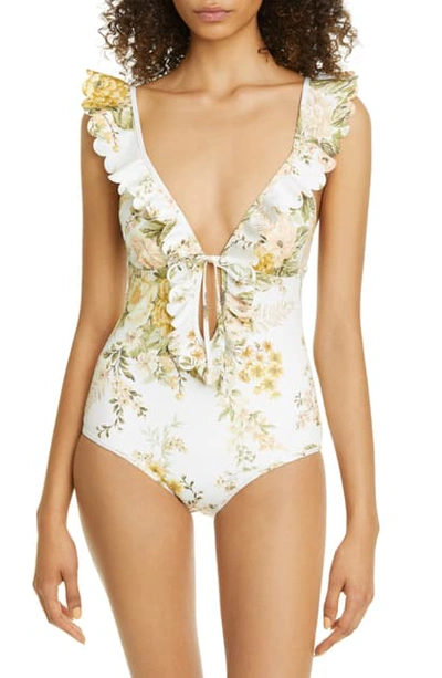 Shop Zimmermann Amelie Floral Scalloped Frill One-piece Swimsuit In Ivory Garden Floral