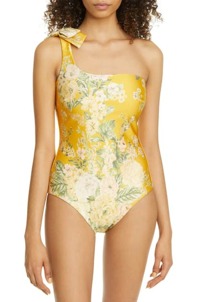 Shop Zimmermann Amelie One-shoulder Bow One-piece Swimsuit In Amber Garden Floral