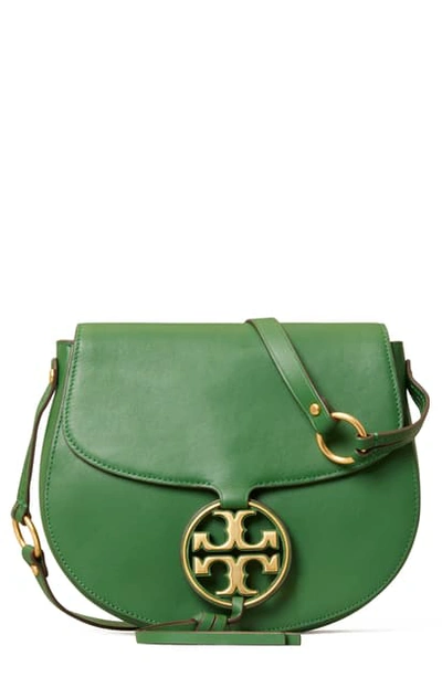 Shop Tory Burch Miller Metal Logo Leather Crossbody Bag In Arugula