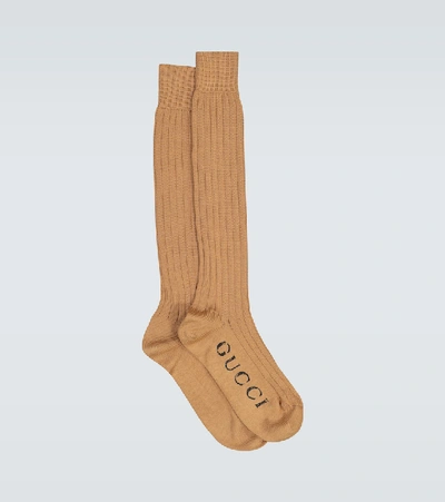 Shop Gucci Ribbed Cotton Socks In Beige