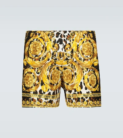 Versace Yellow And Black Swim Trunks With All-over Baroque Print In Nylon Man In Gold