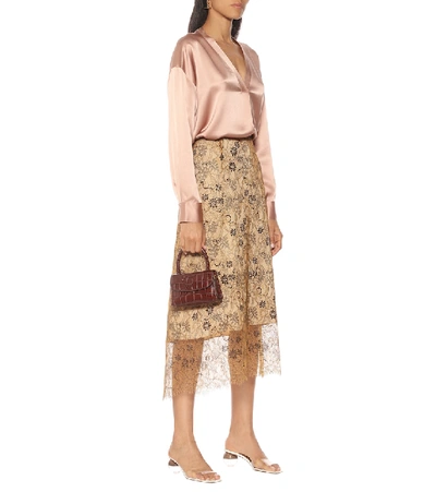 Shop Vince Floral High-rise Midi Skirt In Beige